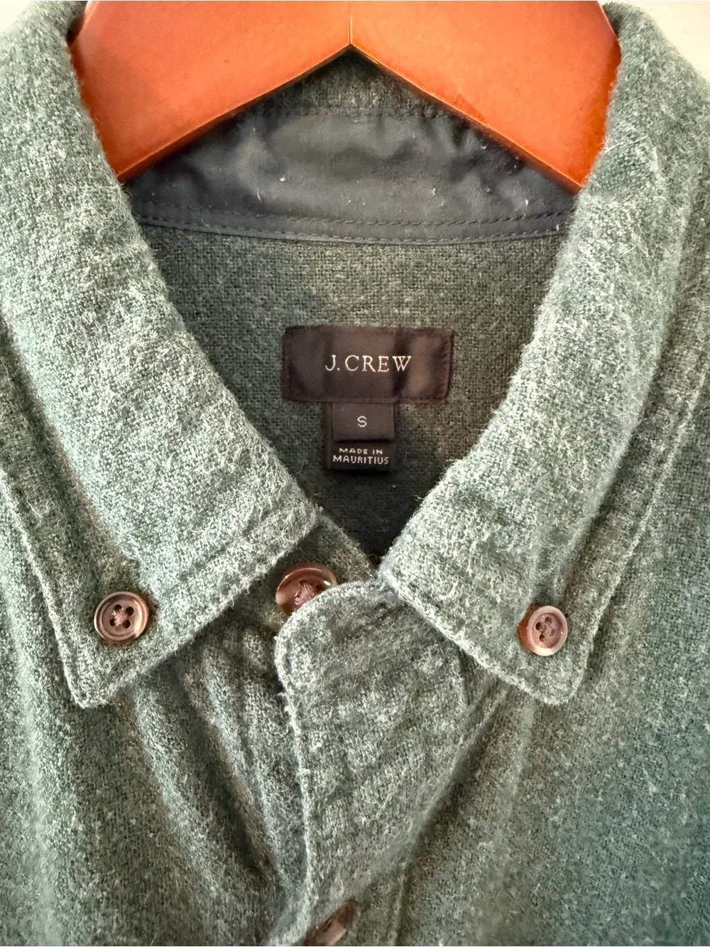 J. Crew Wool Green Button-Down Shirt with Brown Elbow Patches - Men’s S